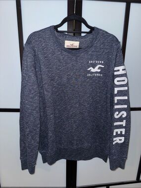 Hollister Men's Heather Navy Crewneck with White Sleeve Logo - Size L